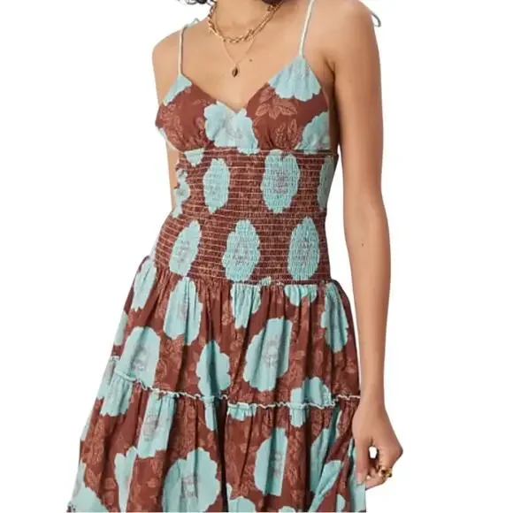 Free People Adriel Tie Strap Tiered Midi Dress smocked bodice ruffle NWT Sz  L - conticontadores.com.br